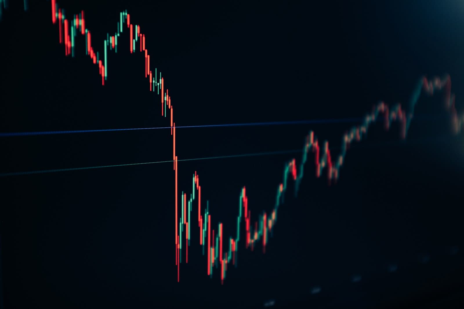 A dark trading screen showing a red-and-green candlestick chart