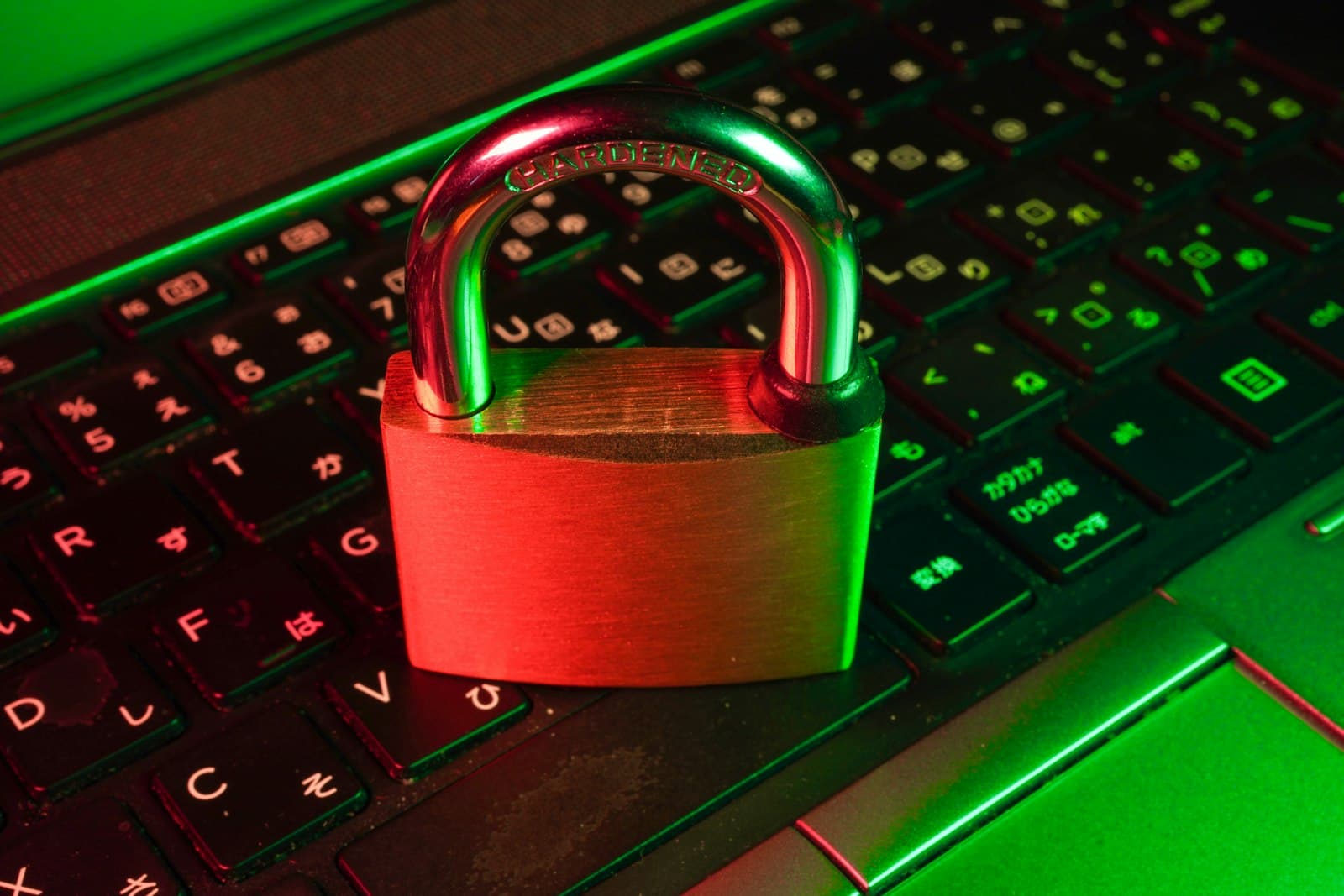 A red padlock resting on a backlit computer keyboard