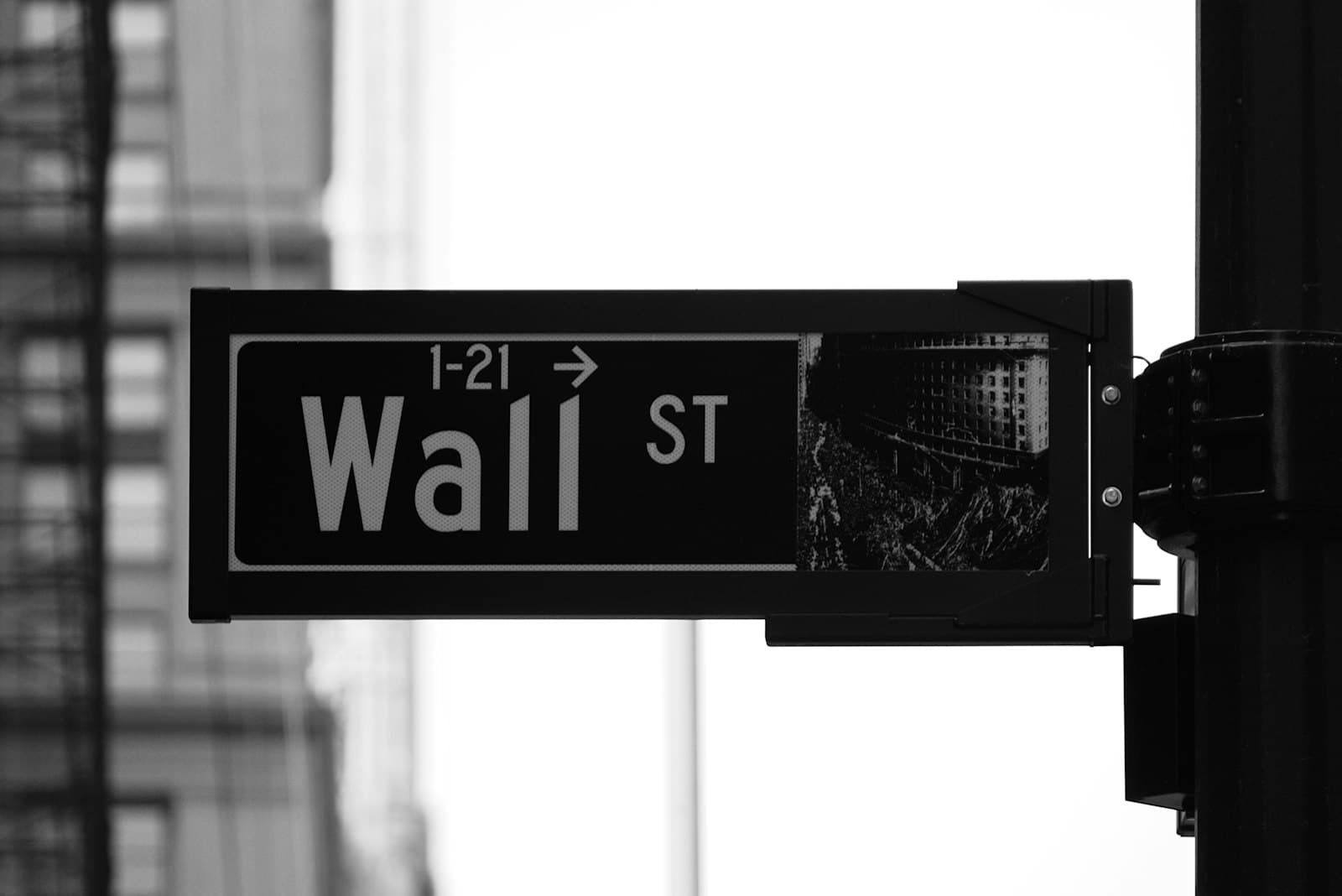 A black-and-white photo of a Wall Street street sign