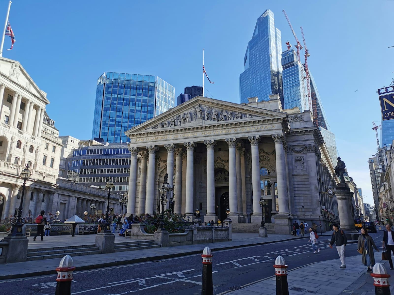 A classical London financial building with tall columns